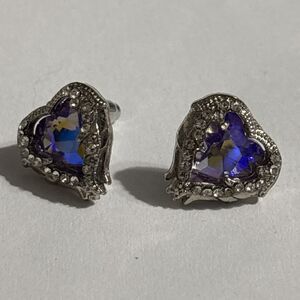 Crystal Heart Stud Earrings, Iridescent‎ Blue Stone, Silver Tone Setting